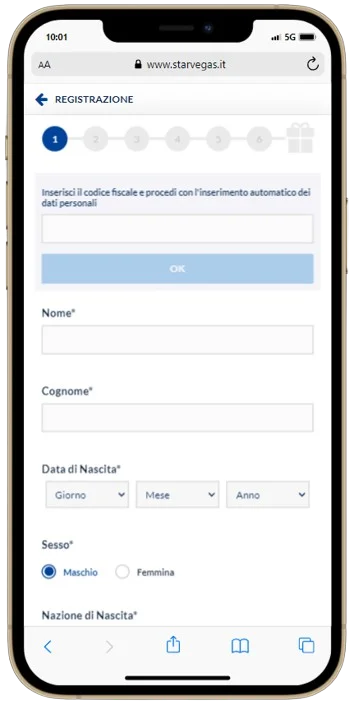 Procedura di registrazione mobile StarVegas